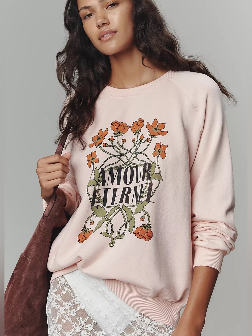 By Anthropologie NEW Long-Sleeve Graphic Pink Floral AMOUR ETERNEL Sweatshirt